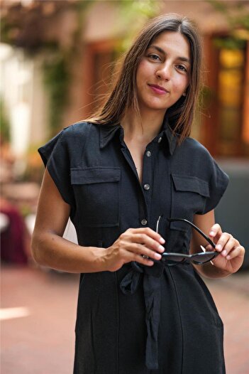 Miss Boheme Black Color Half Button Linen Jumpsuit with Pocket Detail