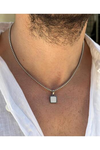 Fjellor Petyr Men's Minimal Square White Onyx Natural Stone Steel Necklace