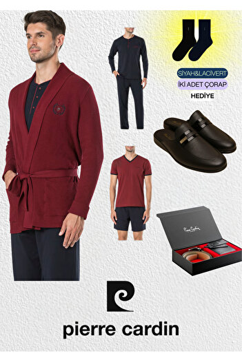 Pierre Cardin 5 Piece Knitwear Robdöşambr & Summer-Winter Pajama Set & Leather Slippers & Genuine Leather Belt Wallet Set