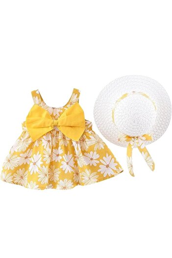 MINIMEAccessories Baby Girls Sundress & Hat Set | Cotton | 24-36 Months | Yellow | Lightweight & Breathable