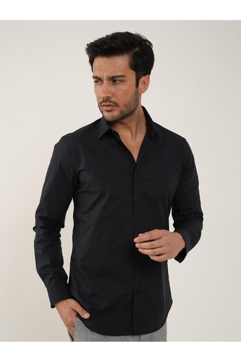 Dufy Black Men's Slim Fit Plain Classic Collar Long Sleeve Shirt