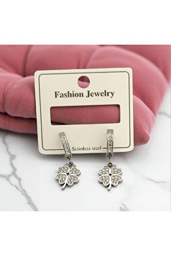 AKSESUARIM Women's Zircon Stone Clover Detailed Steel Earrings