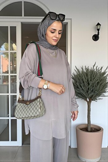 Aselim Hijap Moda Velura Flexible and Soft Textured Double Set |   Seasonal -36-48 Size Mink