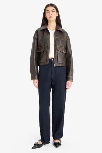 DeFacto Relax Fit Polo Collar Taffeta Faux Leather Coat E8538Ax25Au