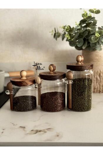 Luca Mia Acacia Glass Jar Set with Spoon (450 – 550 – 750 ml) – Clear Glass Storage Set with Lids, Natural Wood