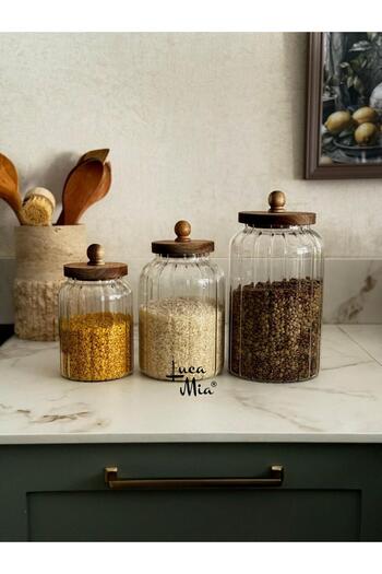 Luca Mia Glassya Acacia Lid Glass Jar Set (1200 – 1800 – 2800 ml) – Glass Storage Set, Natural Wood