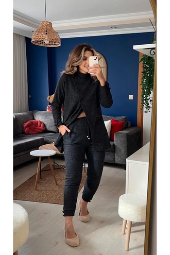 beri fashion    Women's Long Sleeve Turtleneck Front Buttoned Blouse and Trousers Yumoş Double Set