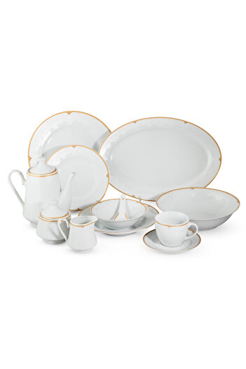 Dania 49-piece porcelain dinner set, white with gold line, serves 6 people