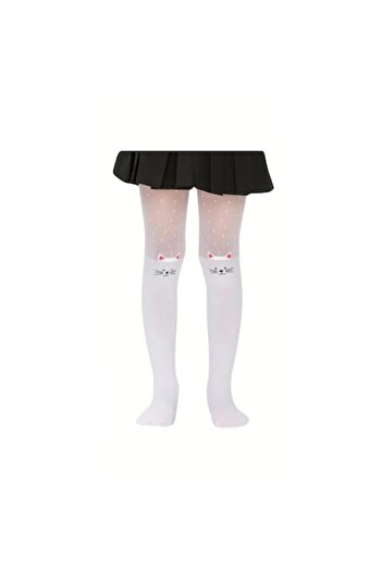 Daymod Lycra Tights for Girls, Cat Model, White, Size 7-8 Years