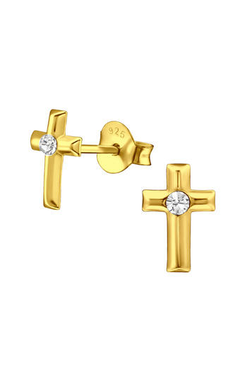 Sophia Collection 925 silver earrings plated with 24K gold, cross pattern with crystal Sophia Collection