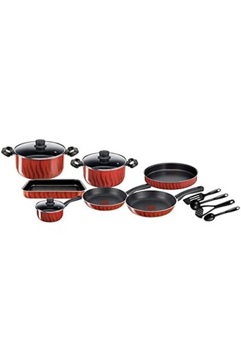 TEFAL Cookware Set | G6 Tempo Flame 14 Pcs Cooking Set | Non Stick | Red | Aluminium | 2 Years Warra