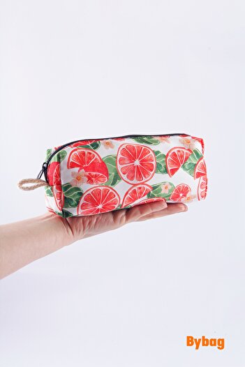 BYBAG Orange Fruit Patterned Red and White Pen Holder Zippered Makeup Bag