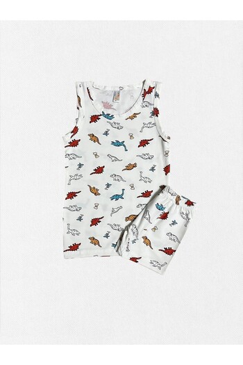 elmas kids Boys' 100% Cotton White Color Little Dinosaurs Patterned Network Part Stitched Undershirt Boxer Set