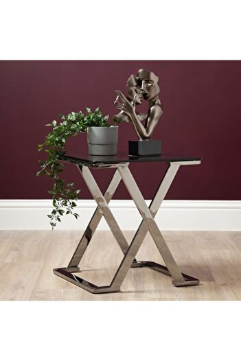 Vanity Living Silver Side Table for Living Room Furniture, 55 cm Smoked Glass Top End Table, Sofa Ta