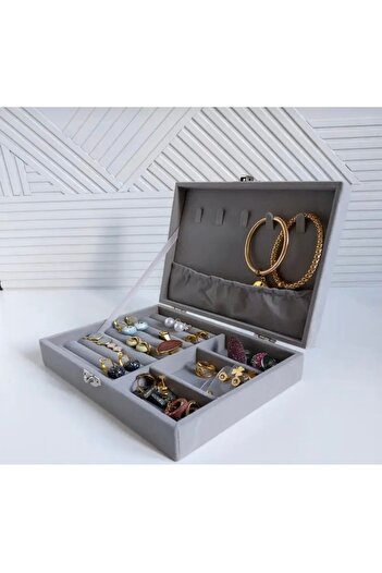 İthal Velvet Single Layer Gray Jewelry, Makeup Jewelry Box