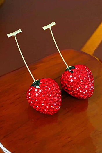 Mutenaura Gold Color Stone Detailed Cherry Figured Earrings (Pair)