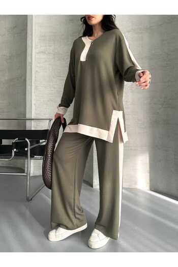 02Lady Fashion Garnili Oversize Half Zipper Slit Detailed Wide Leg Modal Fabric Tracksuit Set