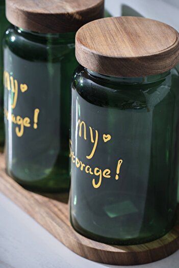ACAR 7936 Pierre 3-Piece Acacia Wood Jar Set with Lid and Tray - Dark Green