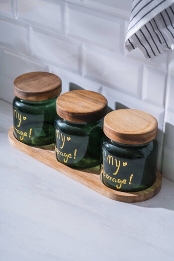 ACAR 7937 Pierre 3-Piece Acacia Wood Jar Set with Lid and Tray 12 cm - Dark Green