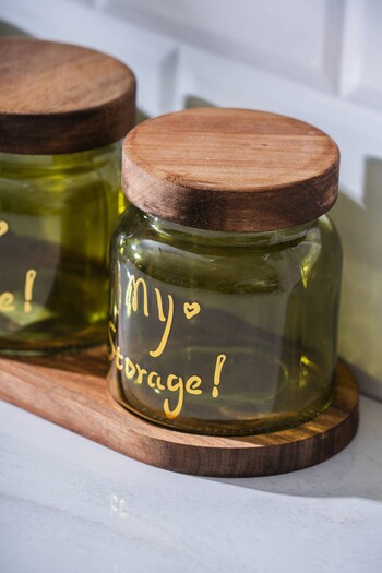 ACAR 7937 Pierre 3-Piece Acacia Wood Jar Set with Lid and Tray 12 cm - Green