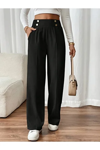Edolika Women's Elastic Waist Buttoned Imported Crepe Trousers