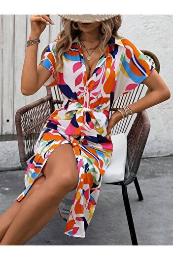 buğrahayalin Women's Short Sleeve Collared Button Front Draped Patterned Single Jersey Dress
