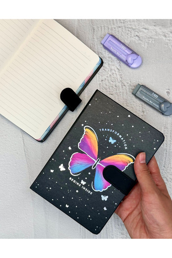 ZeCo Collection Butterfly Patterned Striped Hard Cover Magnet Notebook Black