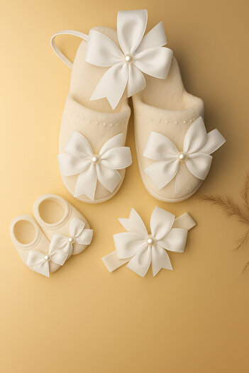Massaltay Bow Mother Maternity Slippers, Crown, Baby Booties and Bandana Set of 4 – Stylish and Comfortable Hospital Exit