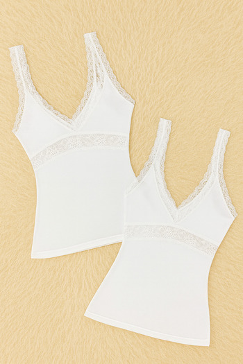 QKK Women's Modal Cotton Lycra Lace Detailed Strap 2-Piece Undershirt Q6K6K0T7Ka
