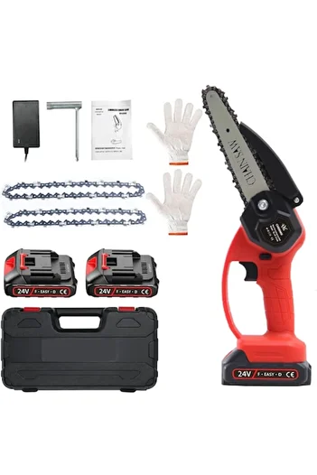 stuffix Mini Chainsaw Portable Electric, CHOSMO®, 24V, 1500mAh, 2 Batteries, 2 Chains, Red