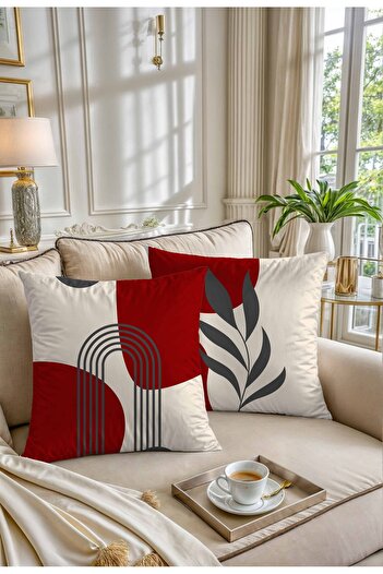 Hayal Dekoratif Bohemian Boho Themed Red Gray Cream Color Digital Printed Gift Set of 2 Throw Pillow Cases
