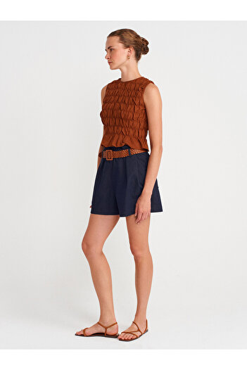 Dilvin 72158 Mini Shorts with Knitted Belt-Navy Blue