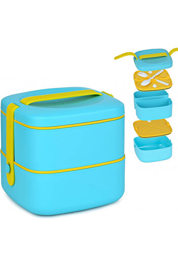 Plaman Lunch box with 3 compartments and cutlery, Plaman, silicone/PP, blue/yellow, 14.5 x 14 x 14.8 cm