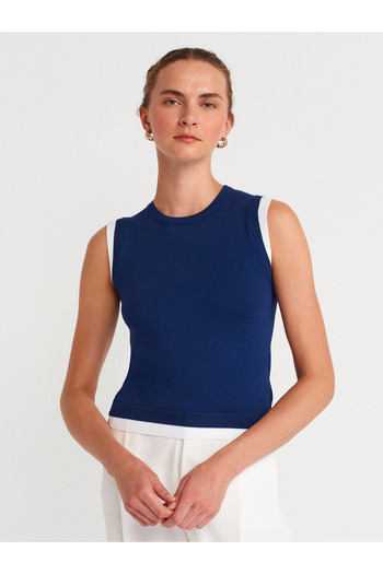 Dilvin 10784 Crew Neck Couple Look Knitwear Blouse-Navy-White