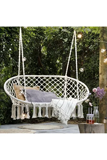 SERSIMO Double hanging swing chair for home or garden, Sersimo, with fringes, beige