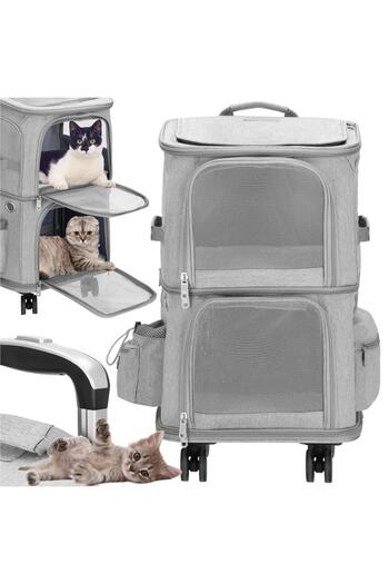 SERSIMO Cărucior transport animale, dublu cu 2 compartimente separate, maxim 22 kg, 55x34x26 cm, gri