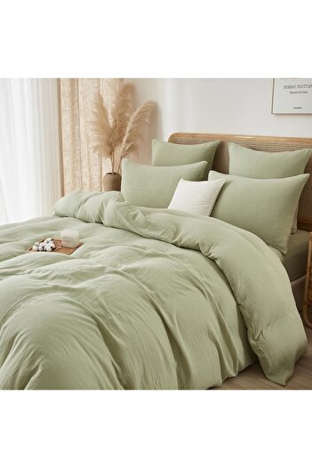 Luofanfei Lenjerie pat bumbac muselina, set cu husa pilota dubla 260x240, 2 fete perna 65x65, cu fermoar, lava