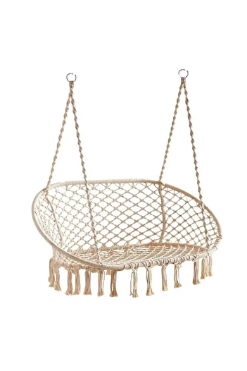 SERSIMO Double hanging swing chair for home or garden, Sersimo, with fringes, beige