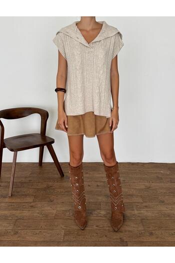 fujya Wide Collar Knitted Louis Sweater Stone