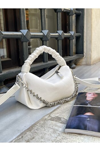 nura White Women's Chain Drawstring Handle Hand and Shoulder Bag