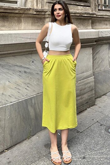NEW LAVİVA Oil Green Women's Skirt - Elastic Waist, Comfortable Fit, Pocket