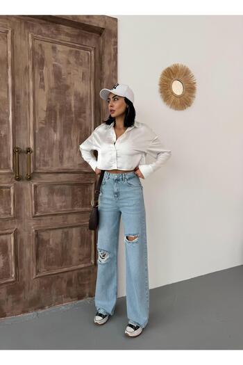 Zeo Basic Pantaloni de blugi pentru femei, cu picioare late, cu talie înaltă, cu picioare late, ALBASTRU DESCHIS