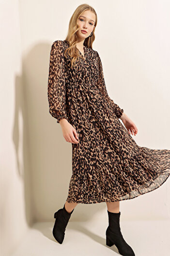 Merterium Women's Patterned Chiffon Dress C.Brown 1149