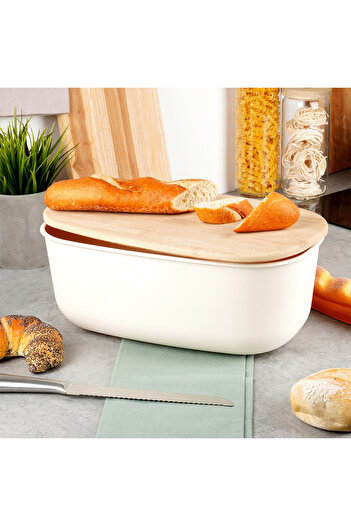 shumee Cream-colored bread basket with bamboo board 39x23.5x15.5 cm