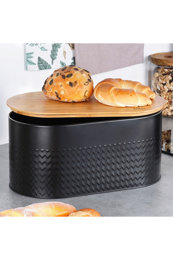 shumee Steel bread bin with wooden top, black, 34x18.5x15.5 cm