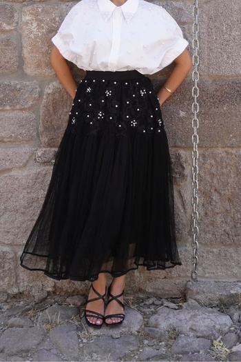 Suziş Pearl Embroidered Design Tulle Skirt M38997