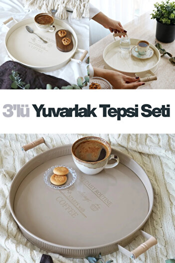 EVLE Set of 3 Round Metal Tray with Wooden Handles