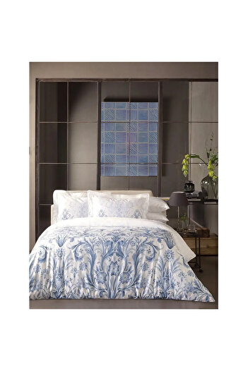 Valeron. Premium double bed linen set, Valeron, 7 pieces, Queen, 100% Egyptian cotton, white/blue
