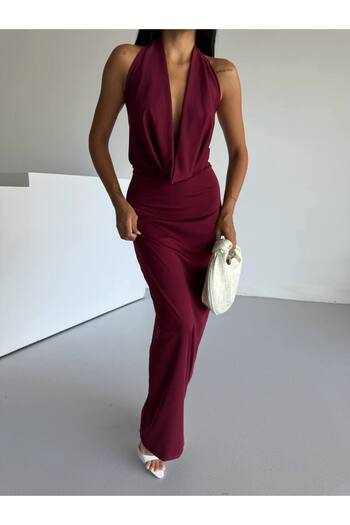 vuvutasarım New Season Shawl Collar Lycra Stretch Fabric Low-Cut Detailed Women's Maxi Dress 52225052