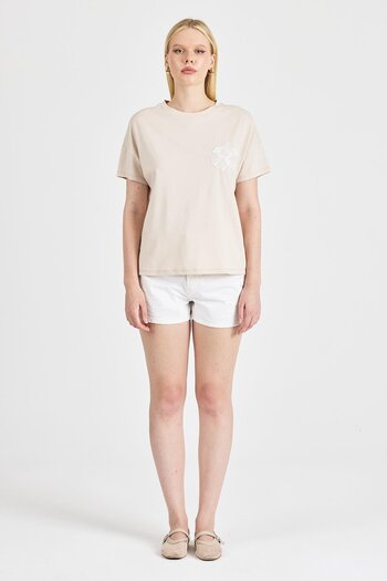 odelon Women's Lace Embroidered 100% Cotton Stone T-Shirt